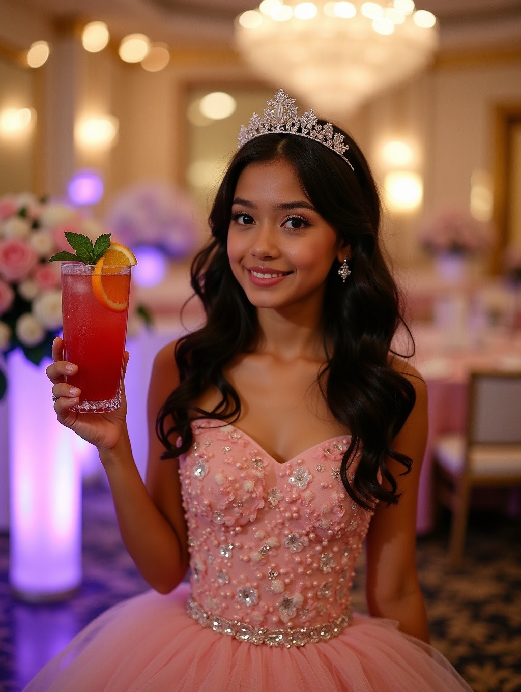 Debutante de vestido rosa com um drink sem álcool na mão