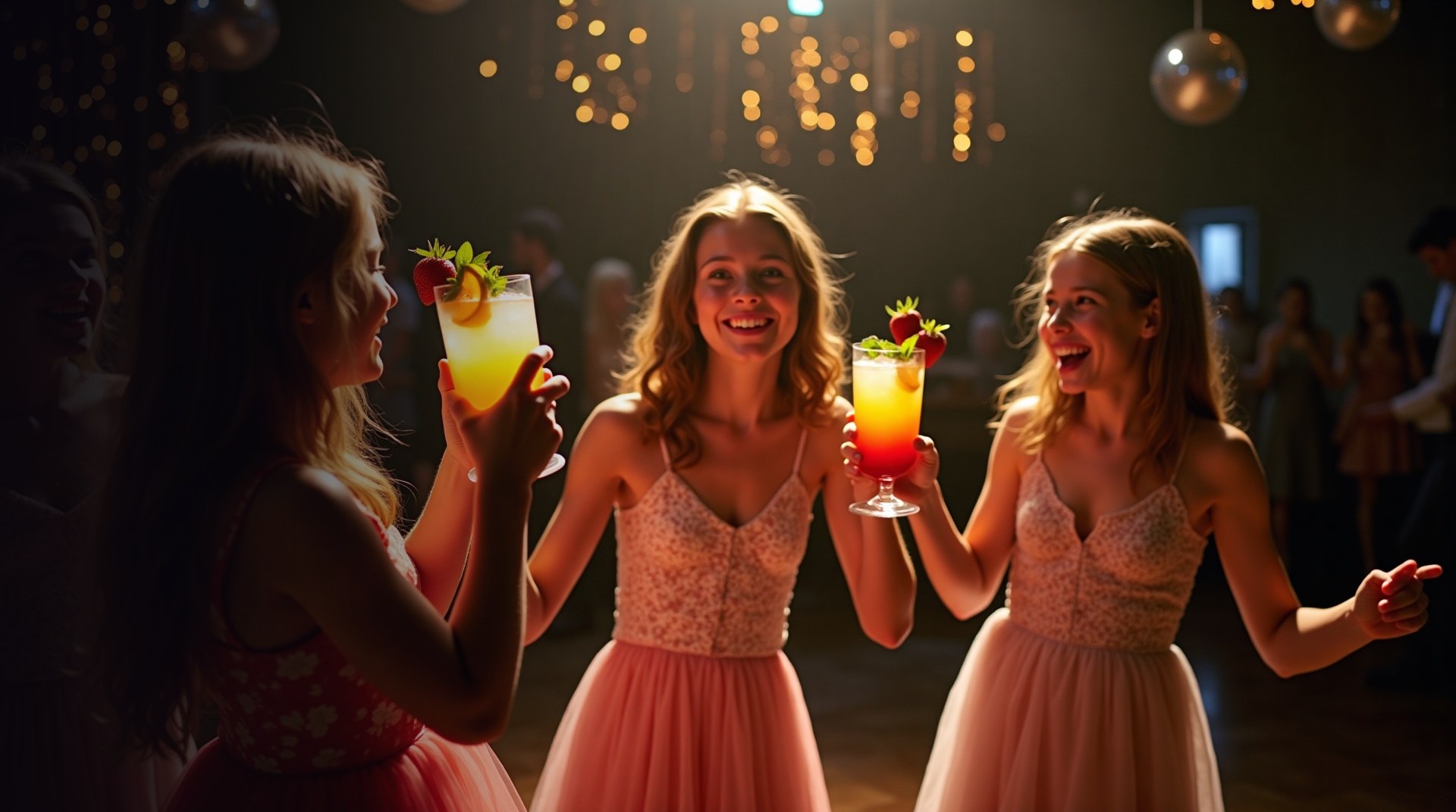 Amigas dançando com drinks sem álcool na festa de 15 anos